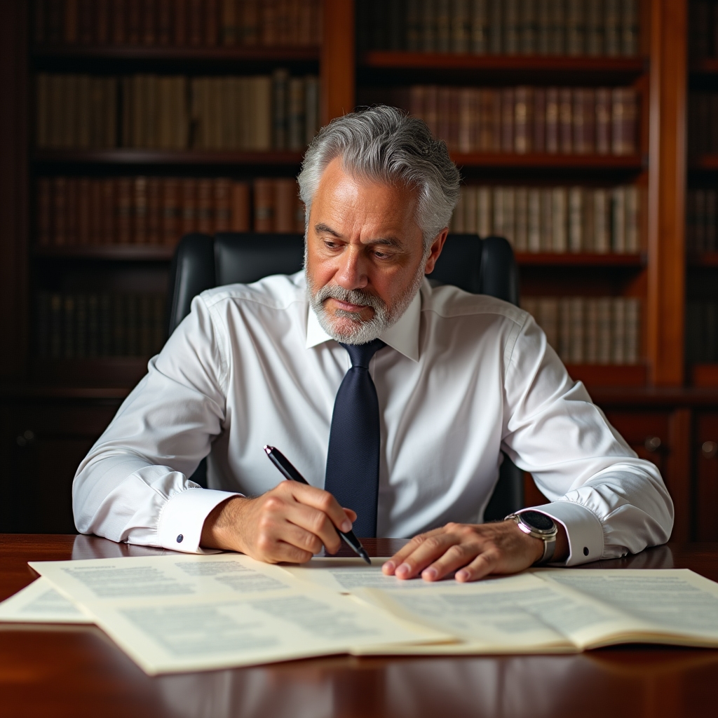 Notary reviewing property documents at a desk in Paraguay