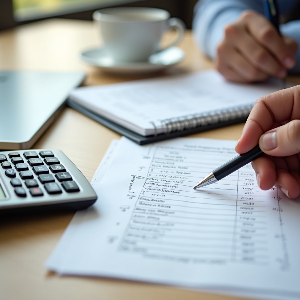 Calculator and property documents showing transaction cost calculations