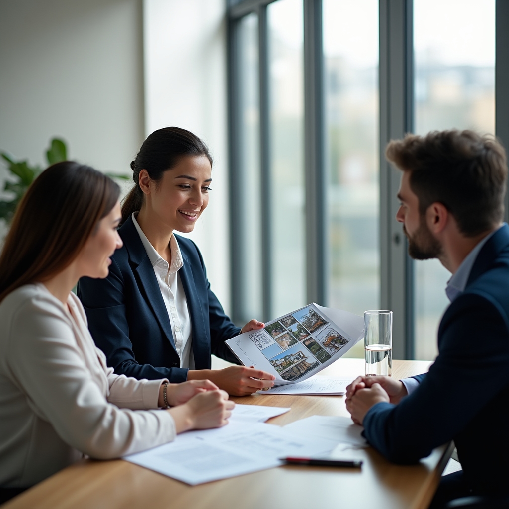 Real estate broker discussing property options with clients in an office